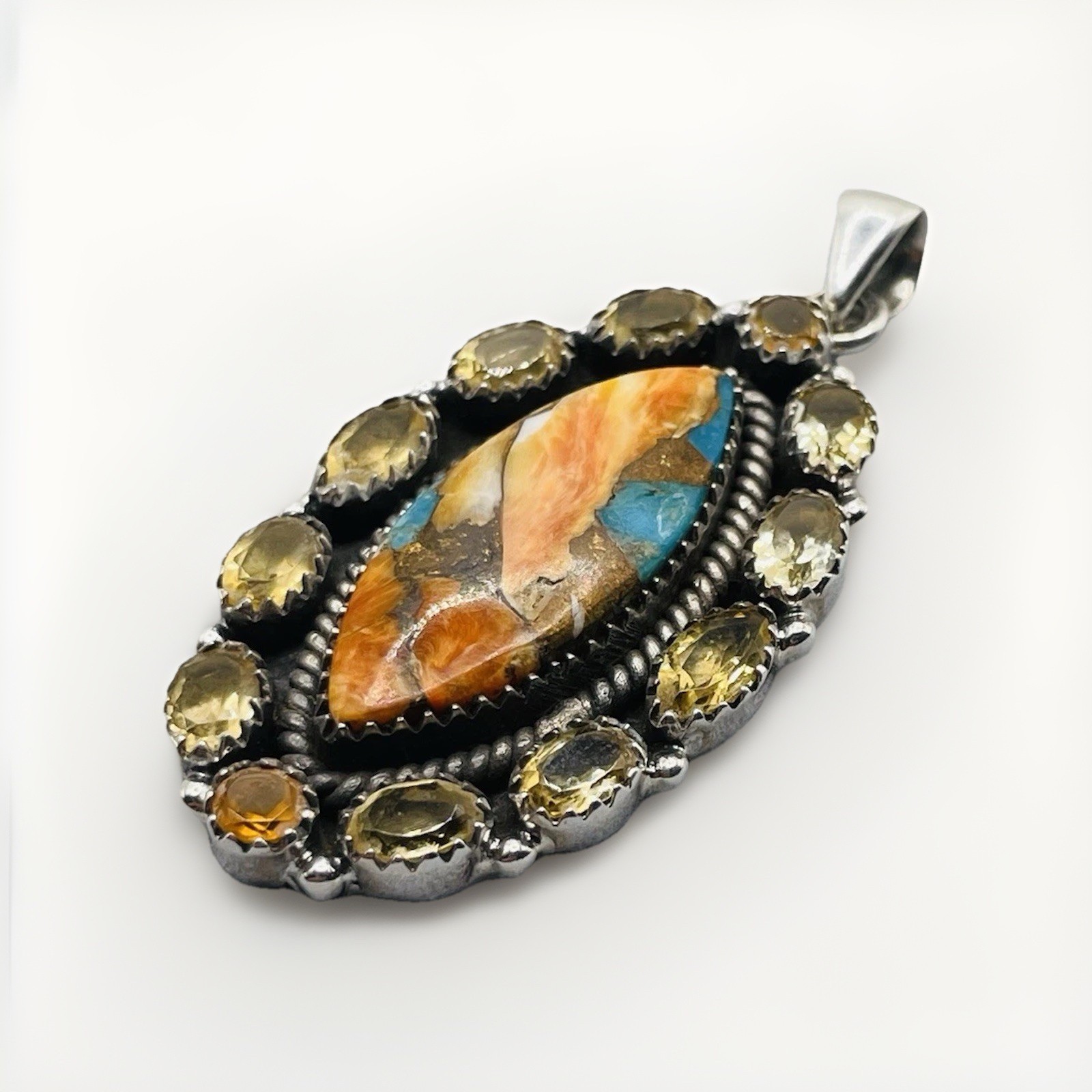 Heavy Spiny Oyster Turquoise 925 Sterling Silver Pendent with Citrine 15g