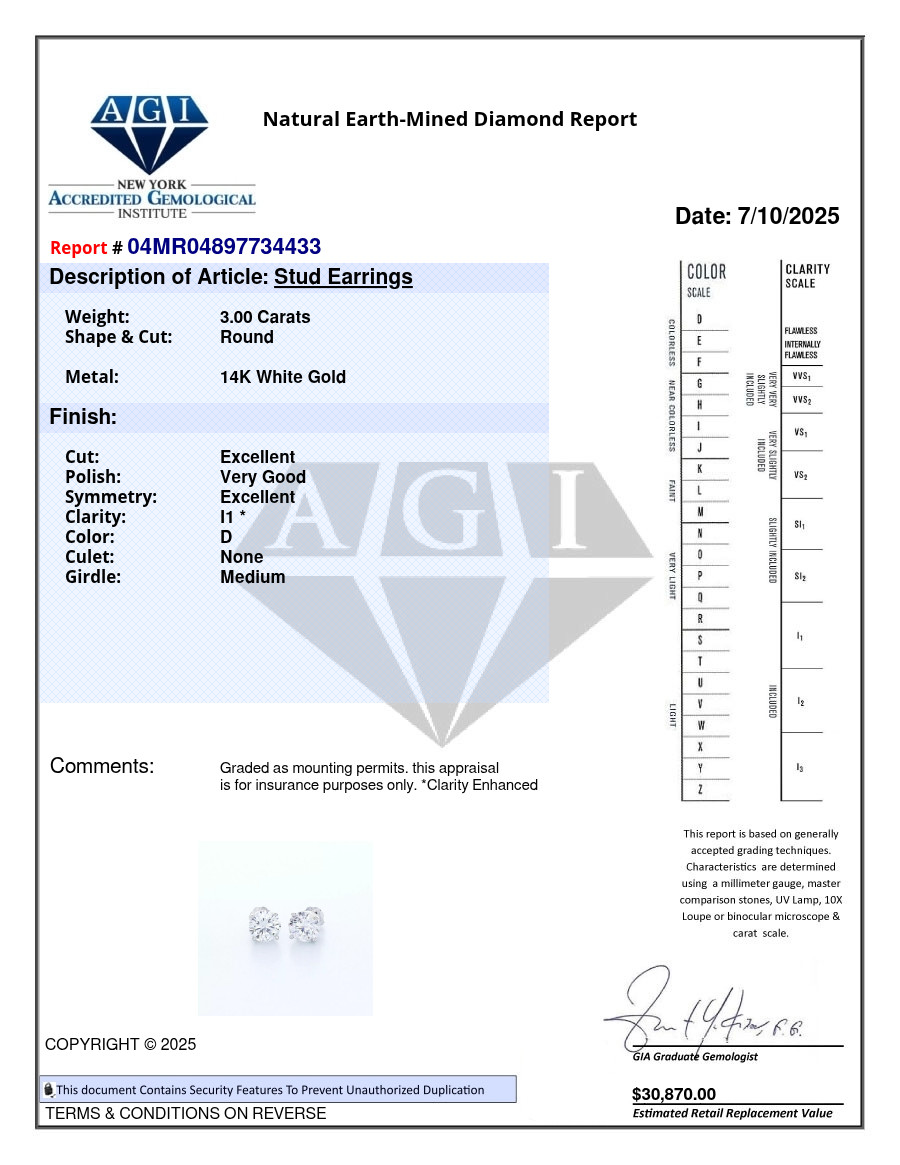 Stud Earrings Classic Solid 14K White Gold 3 CT Round Natural Mined Diamond D I1
