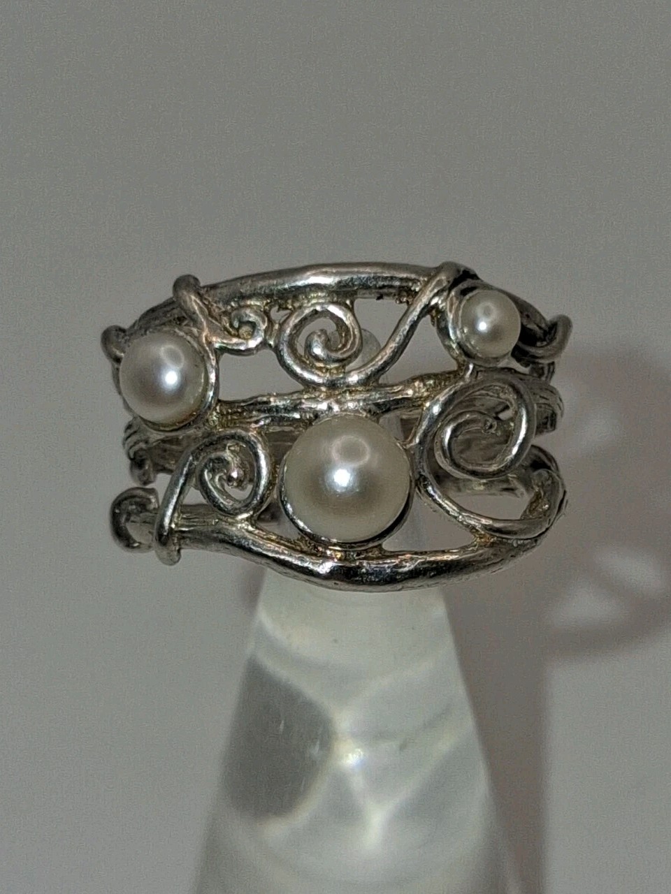Vintage Sterling Silver Unique Wire Wrap Pearl Ring Size 8