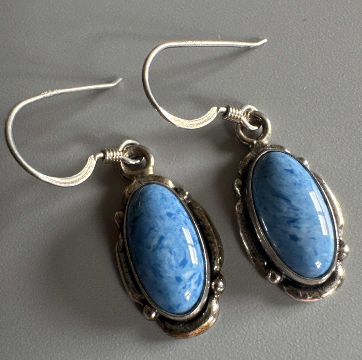 5* Denim Lapis Oval Cabochon Sterling Silver 925 Drop Gemstone Earrings – 35mm