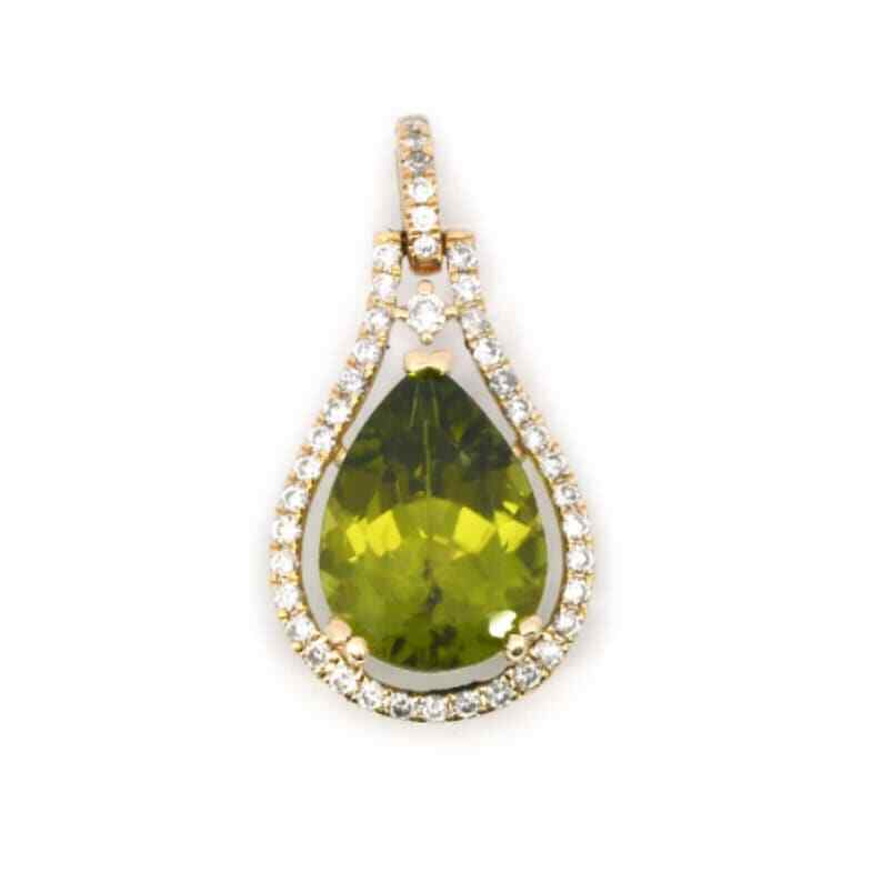 14k Yellow Gold Pear Cut Peridot and Accented Diamonds Halo Pendant Jewelry