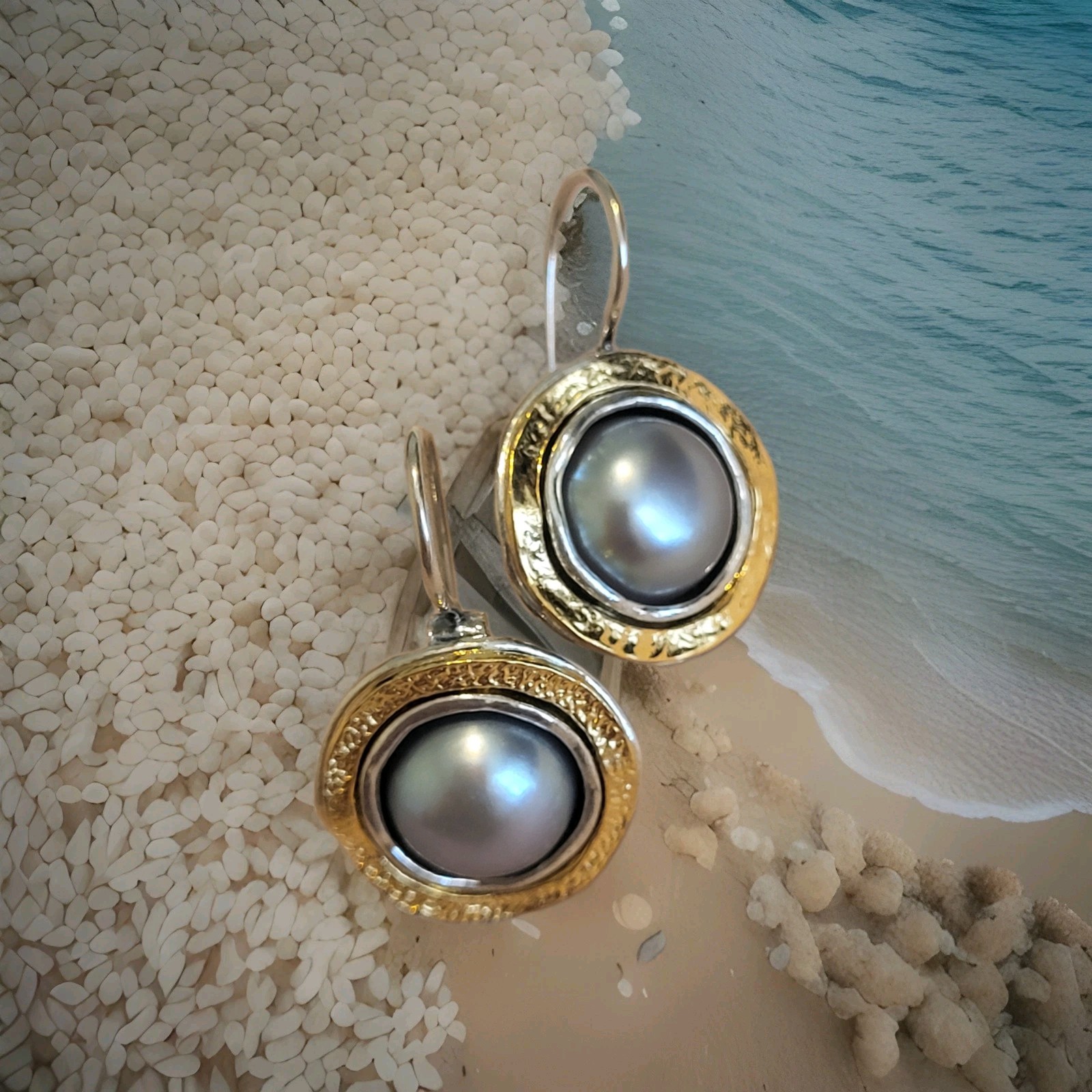Gorgeous Gray Freshwater Cultured Pearl, 9mm, T-toned Earrings, 925ss & 14kG,NIP
