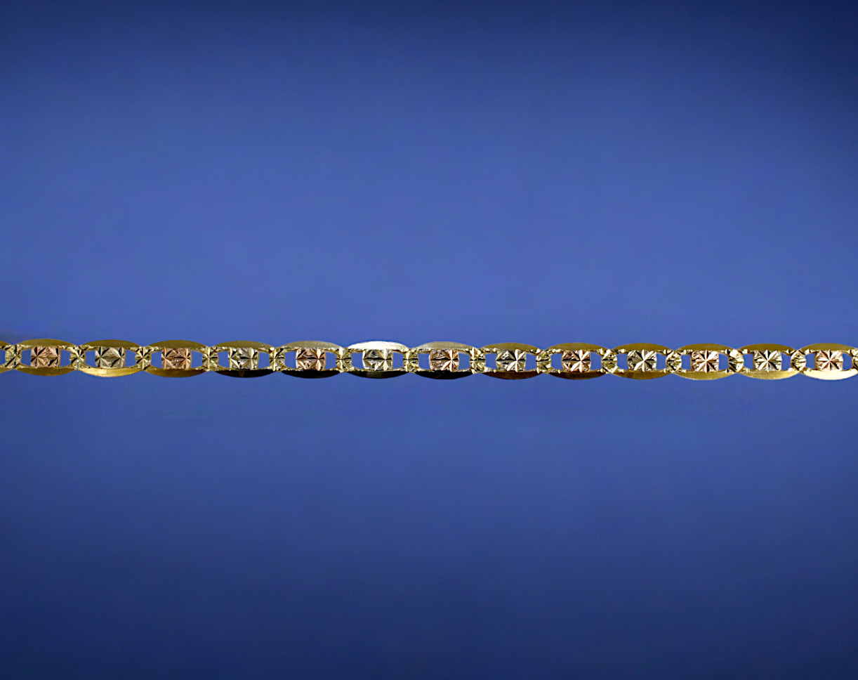 14K Tri Color Gold 1.7mm-6mm Solid Valentino Mariner Anchor Star Chain Bracelet
