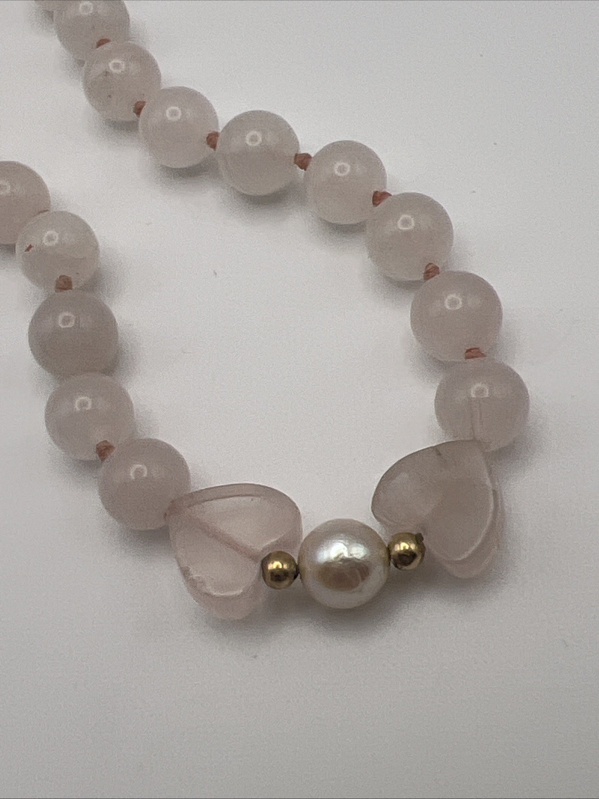 Vintage Pink Rose Quartz Heart Pearl Beaded Bracelet 14k Gold Clasp Beads 7.5”
