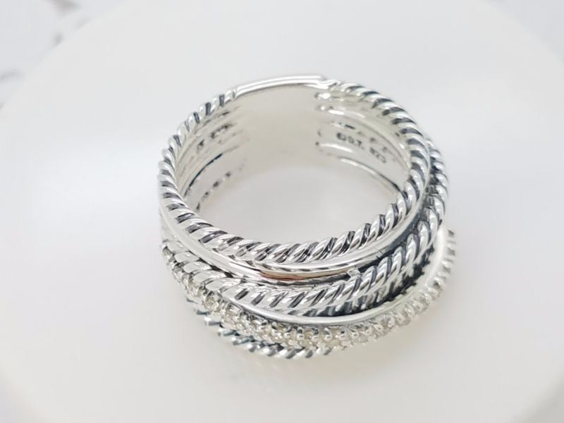 David Yurman Sterling Silver Crossover Wide Ring with Pave Diamonds Size 8
