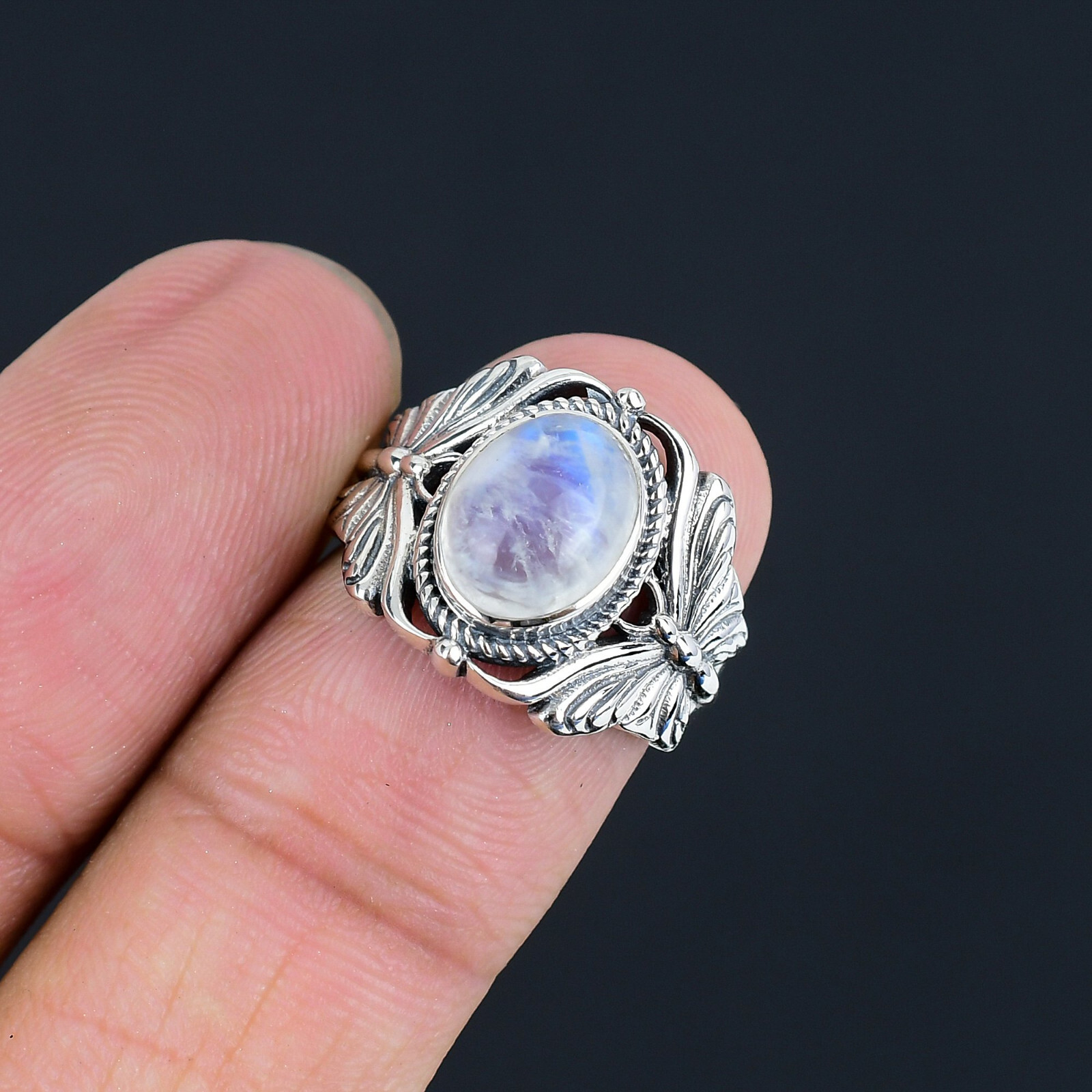 Natural Moonstone Gemstone Solid 925 Sterling Silver Butterfly Ring Jewelry LS-