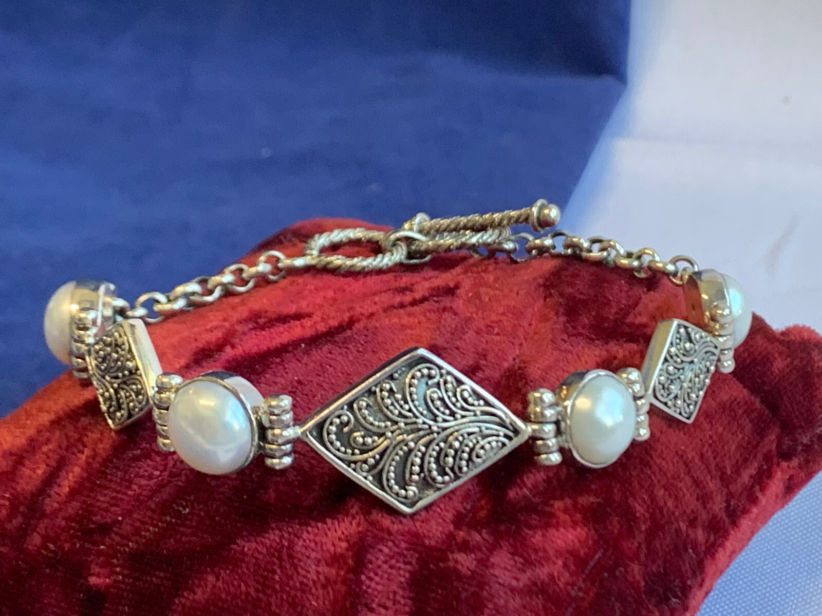 Sterling Silver Pearl Bracelet 22.66g Fine Jewelry 8.25″ Toggle Clasp