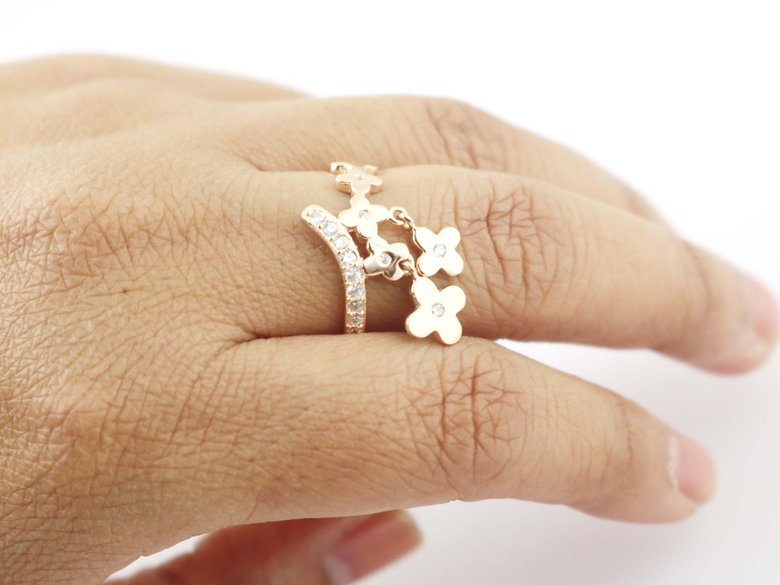 Clover Charm 925 Sterling Silver Stackable Ring – Rose Gold Finish, CZ Stones
