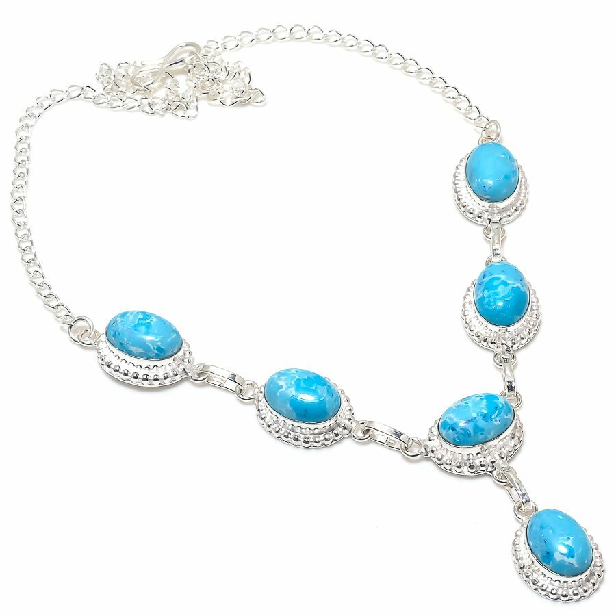 Caribbean Larimar Gemstone Handmade 925 Sterling Silver Jewelry Necklaces Sz 18″