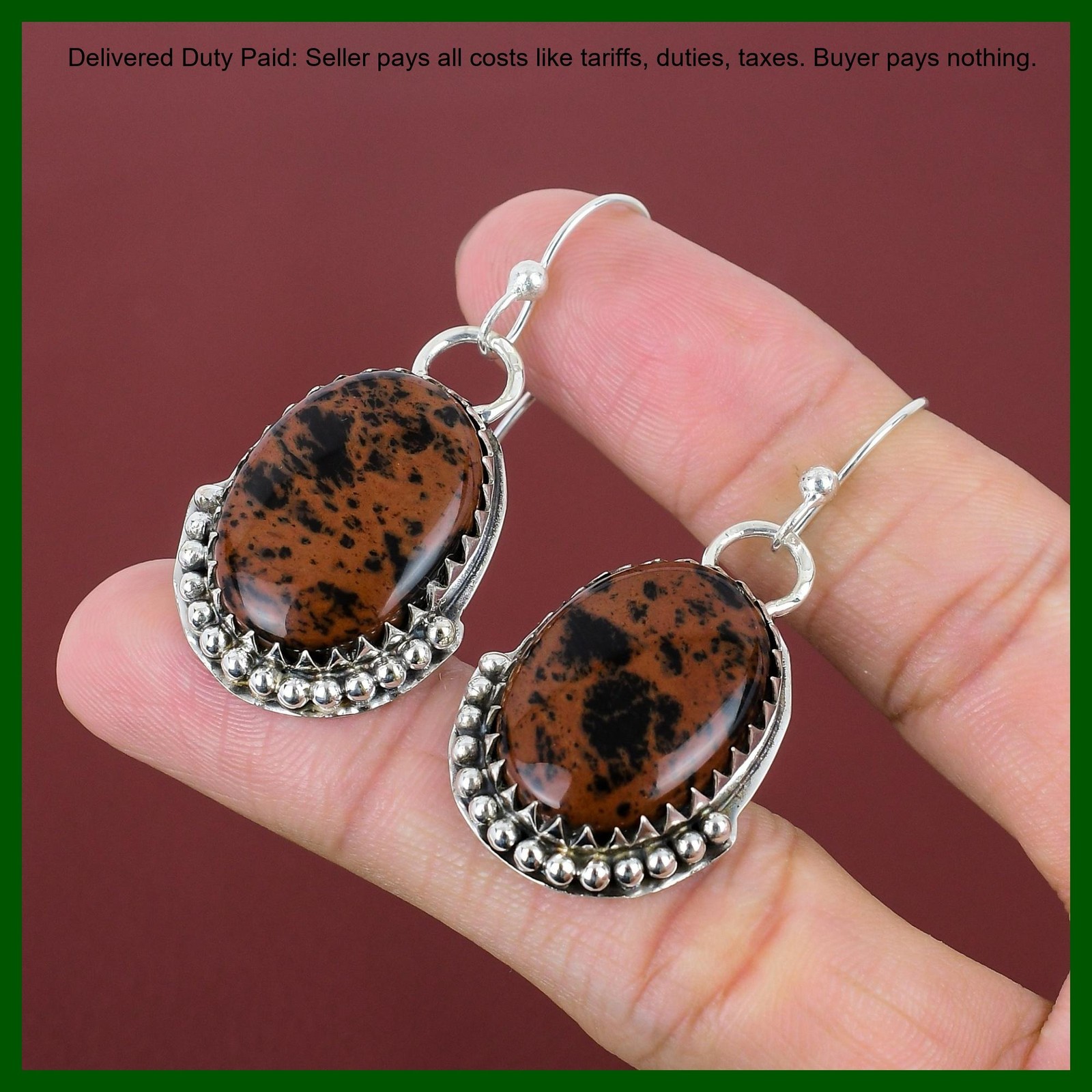 Sterling Silver Oval Mahogany Obsidian Gemstone Dangle Drop Root Chakra Earrings