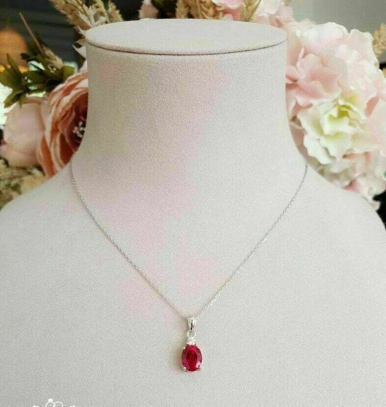 2.00Ct Oval Cut Ruby Solitaire Pendant Necklace 14K White Gold Finish