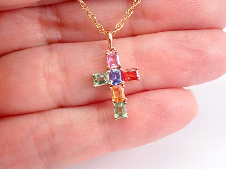 1.50Ct Emerald Cut Lab Created Multi Color Cross Pendant 14K Rose Gold Plated