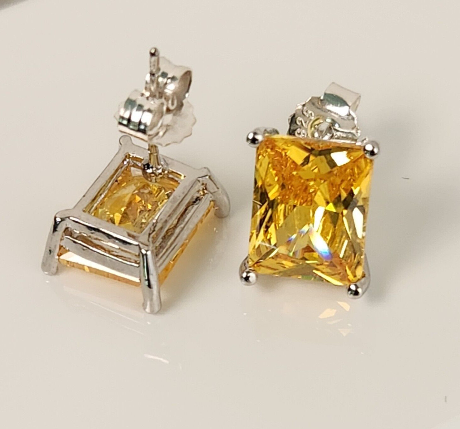 8CT Yellow Created Citrine Rectangle Stud Earrings In Sterling Sliver Push Back