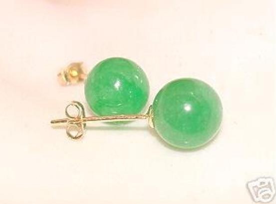 8MM ROUND GREEN JADEITE JADE BALL BEAD SOLID 14K YELLOW GOLD POST STUD EARRINGS