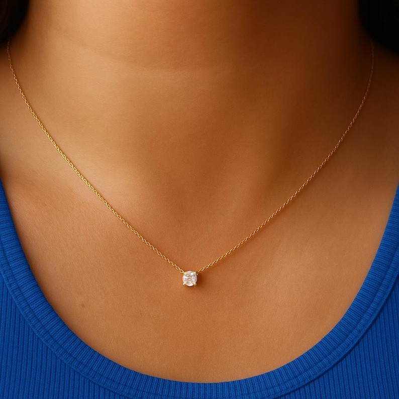 Water Resistant Dainty Necklace Solid Gold Floating Solitaire Minimalist Jewelry
