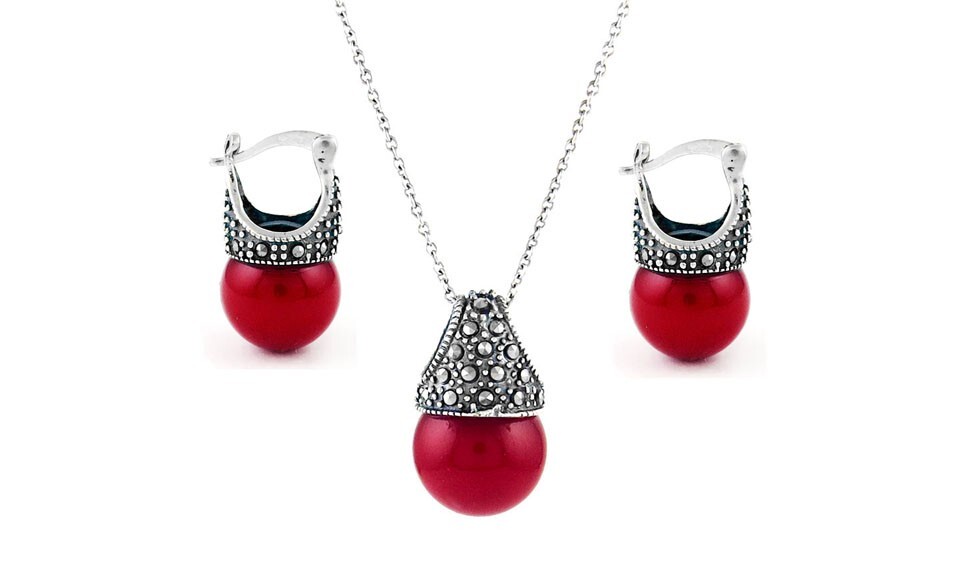 Solid 925 Sterling Silver Genuine Marcasite Red Pearl Earring & Necklace Set