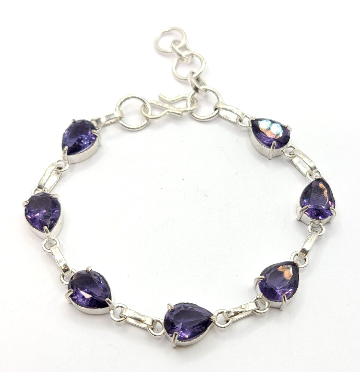 925 Sterling Silver 8mm Amethyst Pear Quartz 7″-8″ Chain Bracelet / 10gr