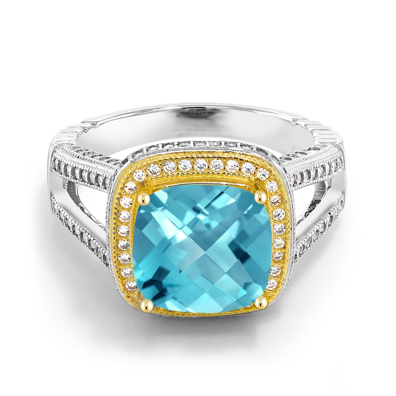 925 Two-Tone Sterling Silver 5.92 Ct Cushion Checkerboard Swiss Blue Topaz Ring