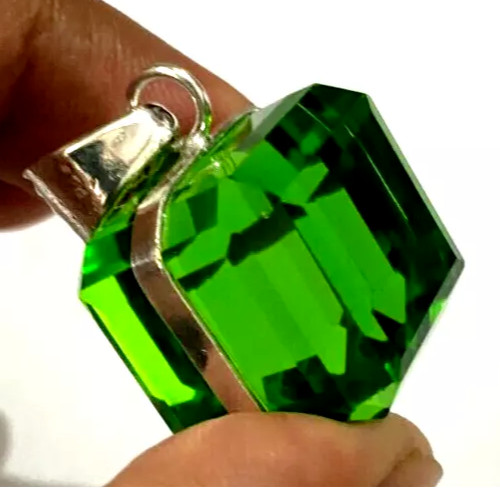 72.8 Ct GIE Certified Natural Green Cube Topaz 925 Solid Silver Pendant Gemstone
