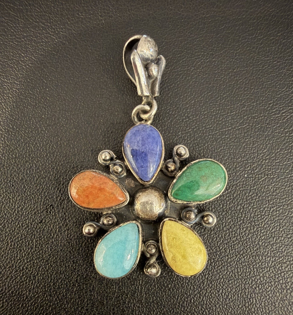 Sterling Silver 925 Andean Colors Multi Gemstone Flower Pendant Peru
