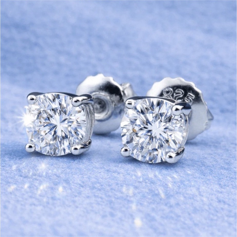925 Sterling Silver Round Diamond Stud Earrings, Prong Set, Butterfly Back
