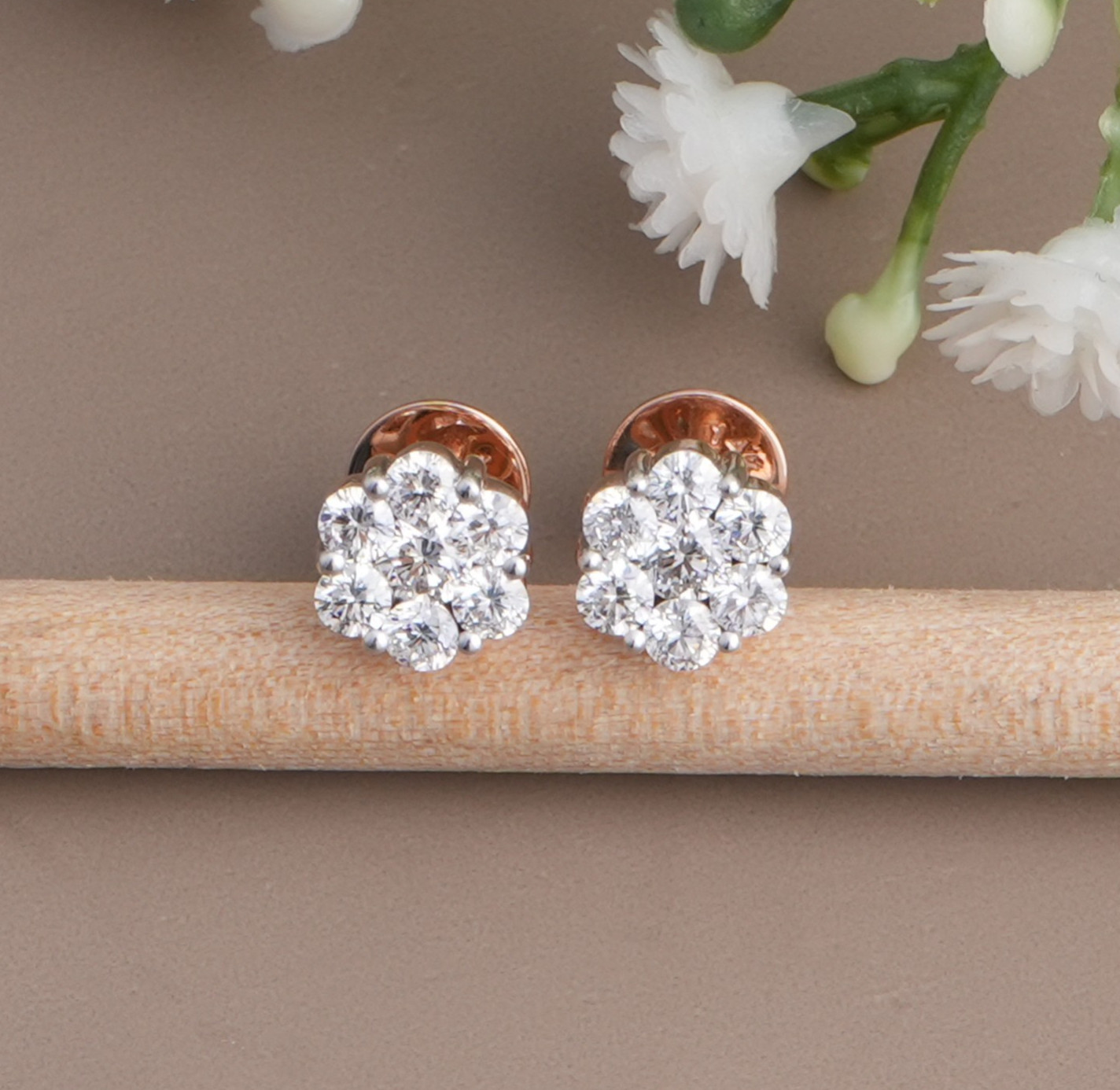 Rose Gold Plated Diamond Cluster Earrings Sterling Silver Round Cut Flower Studs