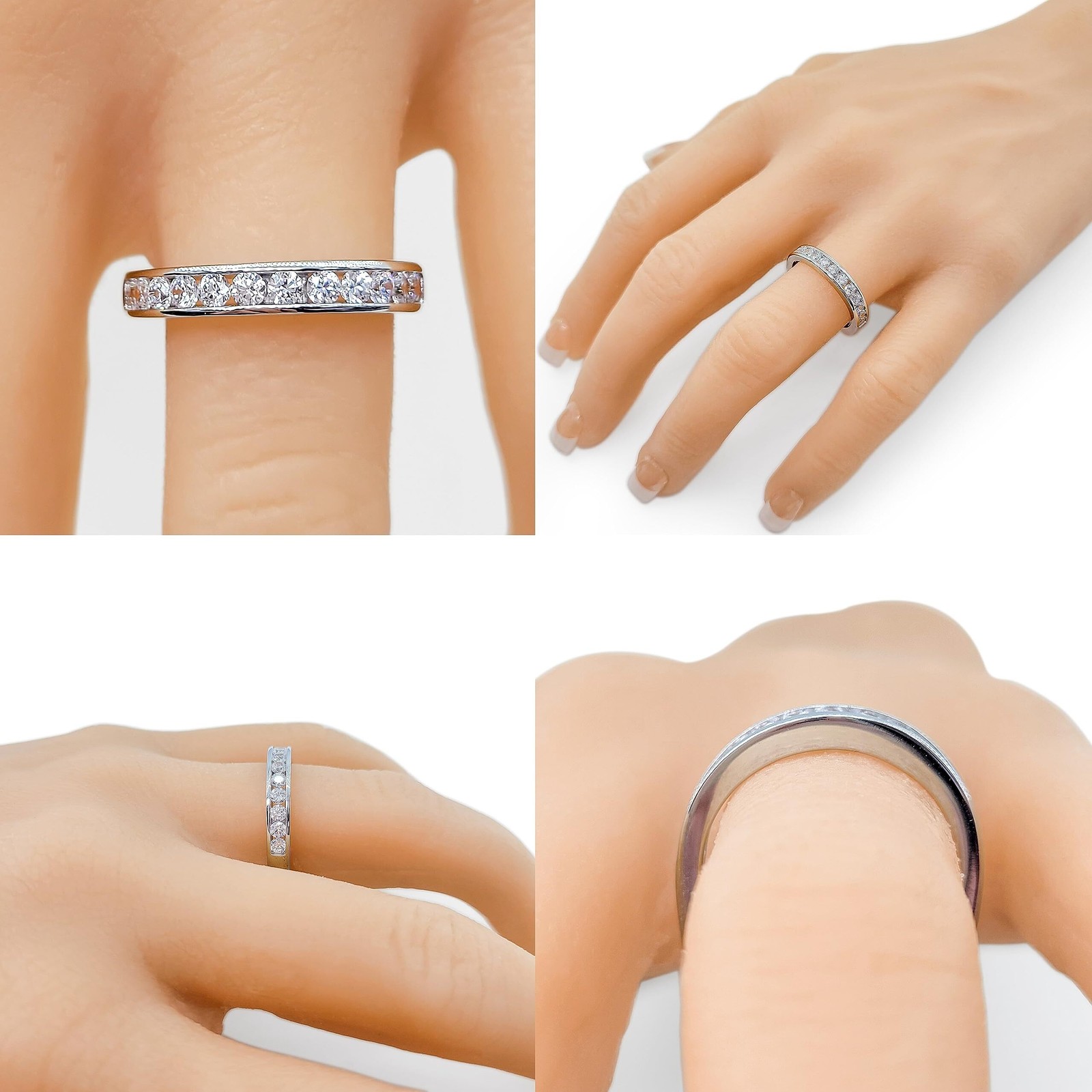 Platinum Plated Silver Band Ring Channel Set Euro Shank w/ CZ 0.75 CTW – Sz 8.5