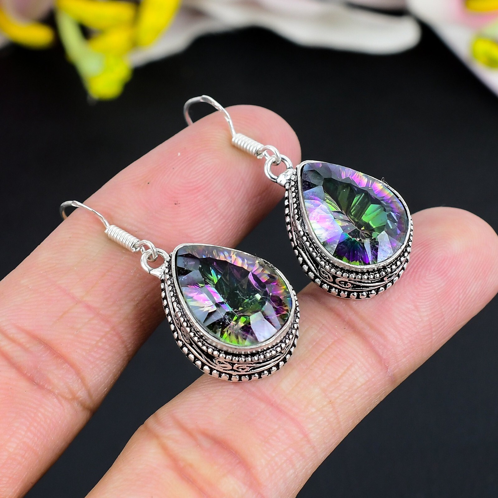 Natural Mystic Topaz Gemstone Earring Handmade 925 Sterling Silver Jewelry