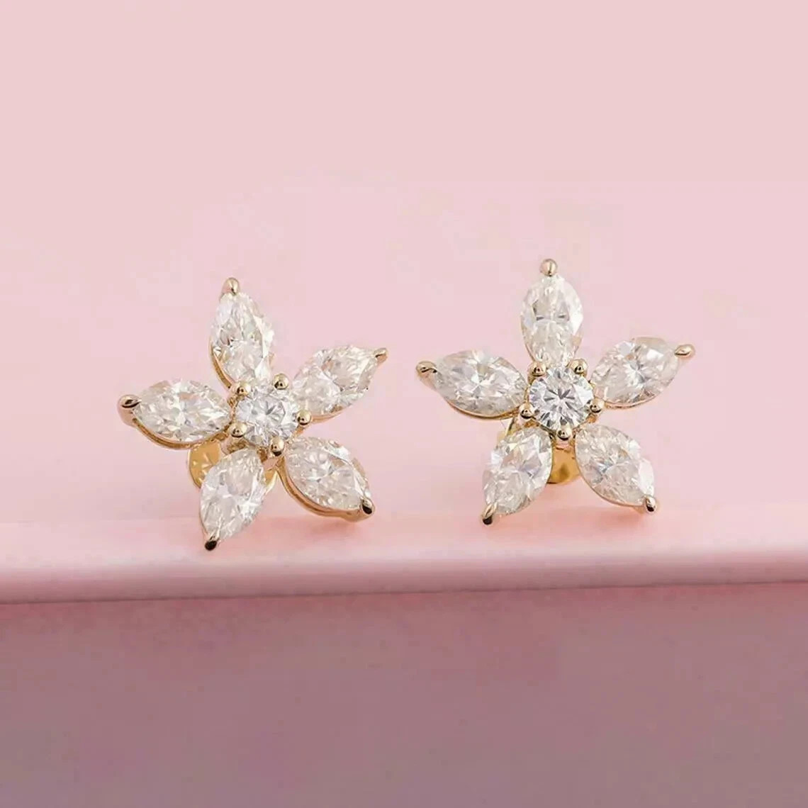 3Ct Lab Created Diamond Flower Stud Women’s Earrings 14K Yellow Gold Over