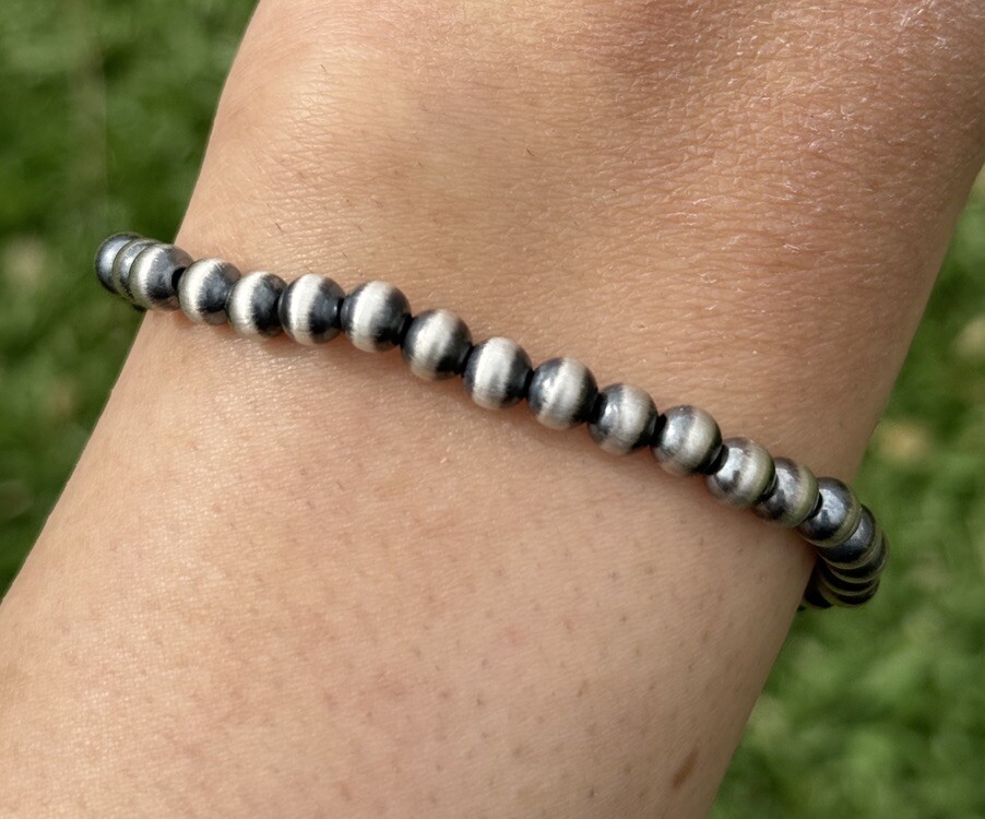 5mm 7 Inch Stretch Sterling Silver Oxidized Pearls Bead Bracelet Southwestern
