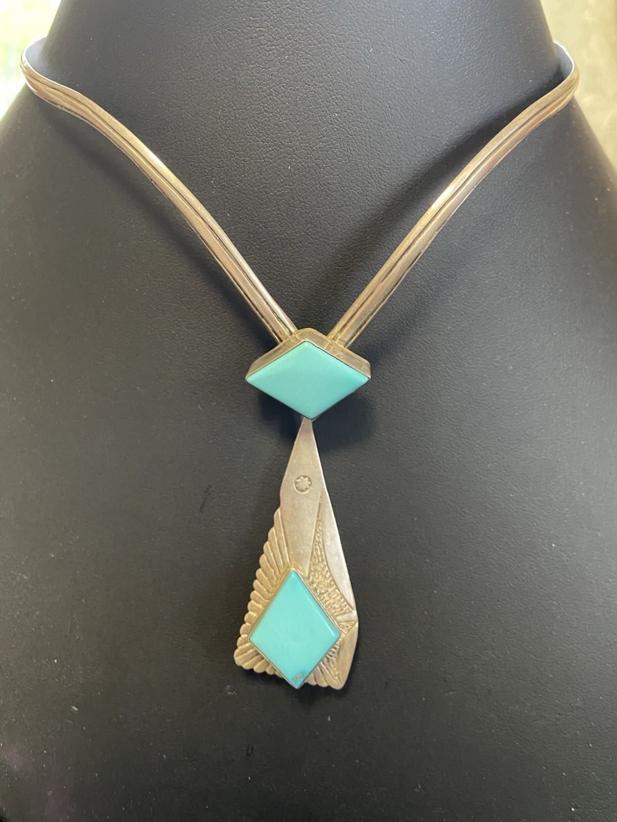 Turquoise Silver Collar Cuff necklace Pendant Southwest Vintage 15″