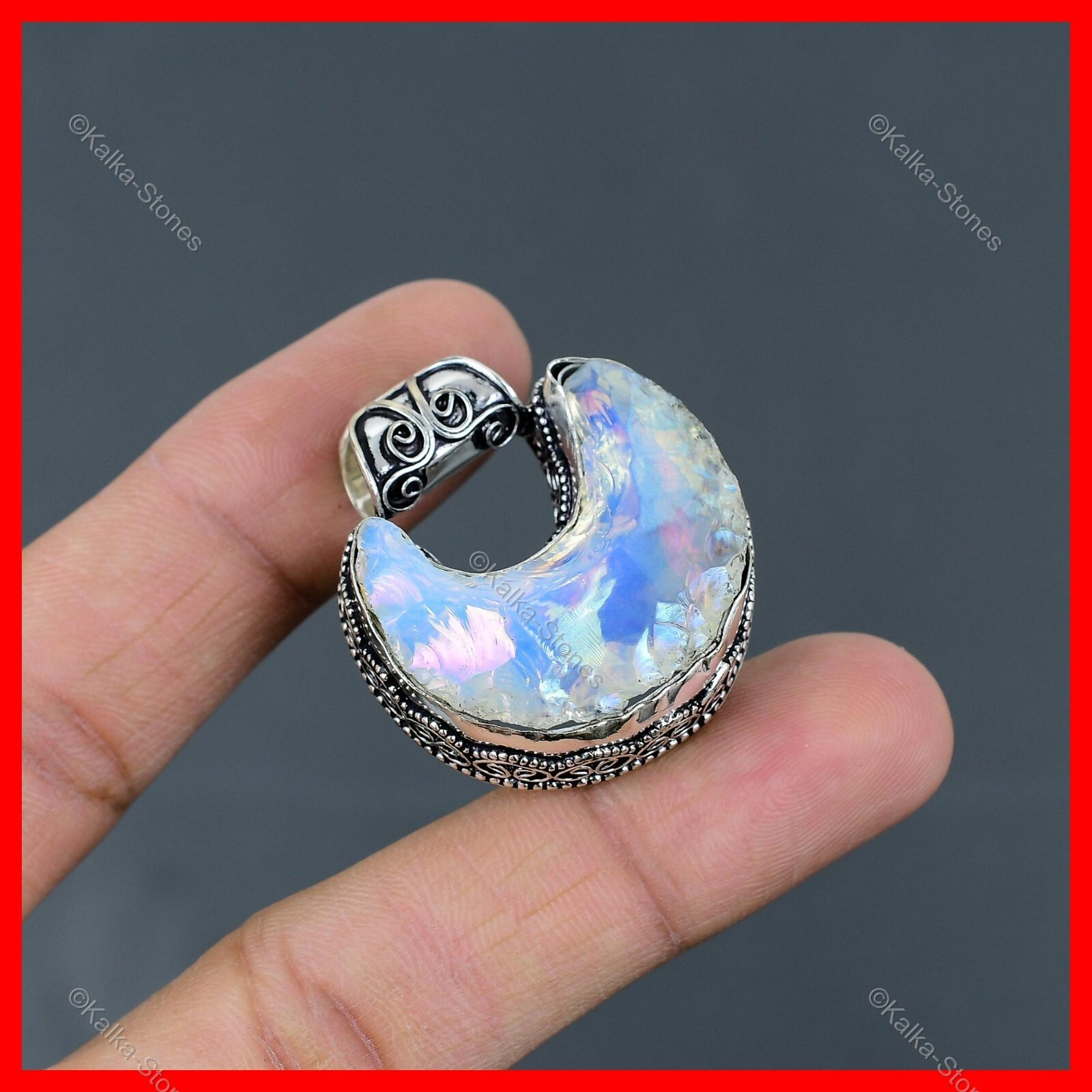 Milky Opal Rough Gemstone Crescent Moon Vintage Wife Pendant 925 Sterling Silver