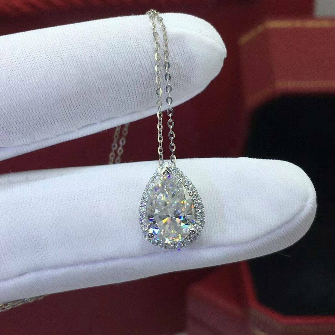 2Ct Pear Cut Diamond Halo Teardrop Pendant 14K White Gold Finish 18″ Free Chain