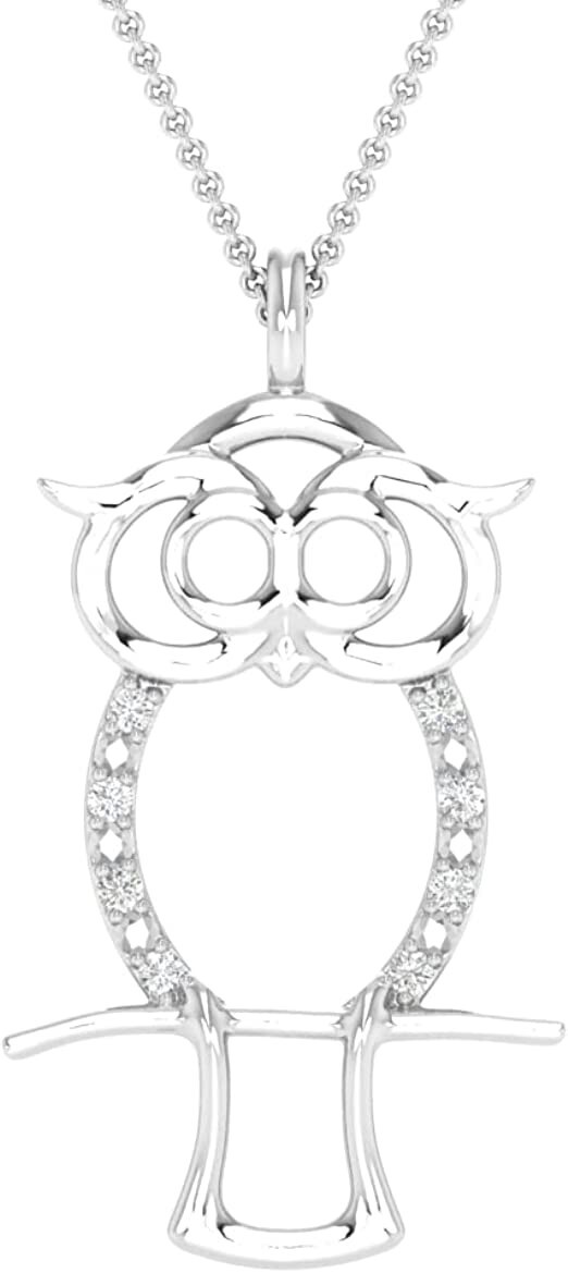 0.003 CT Round Cut Real Diamond “OWL” Charm Pendant Necklace 925 Sterling Silver