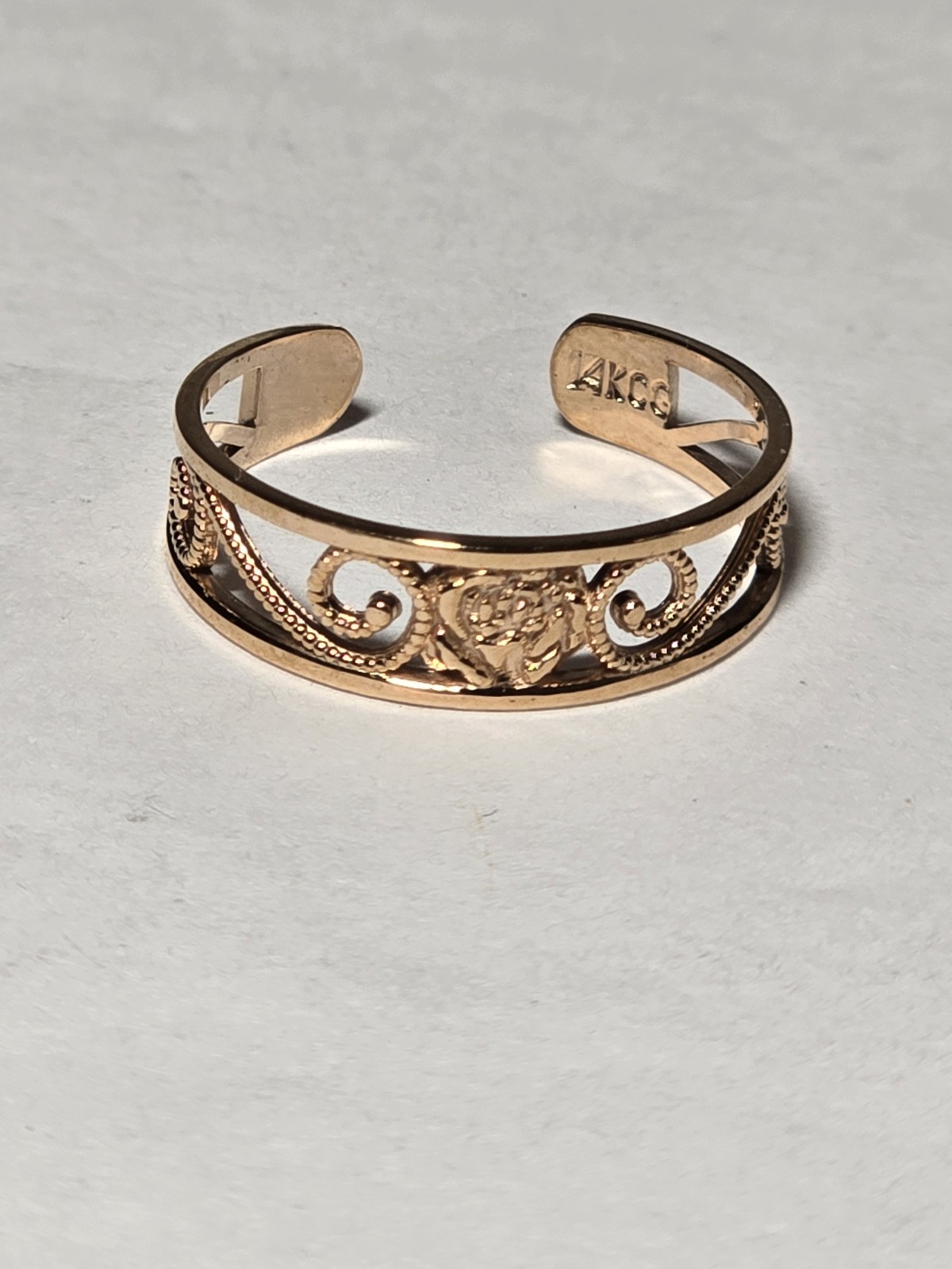 14k Rose Gold Floral Filigree Open Adjustable Cuff Toe Ring Claddagh Gold .95g