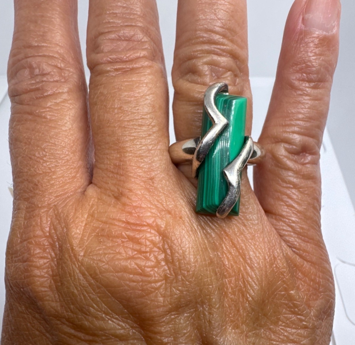 925 Sterling Silver Malachite Modernist Style Statement Ring Size 9 Wearable Art
