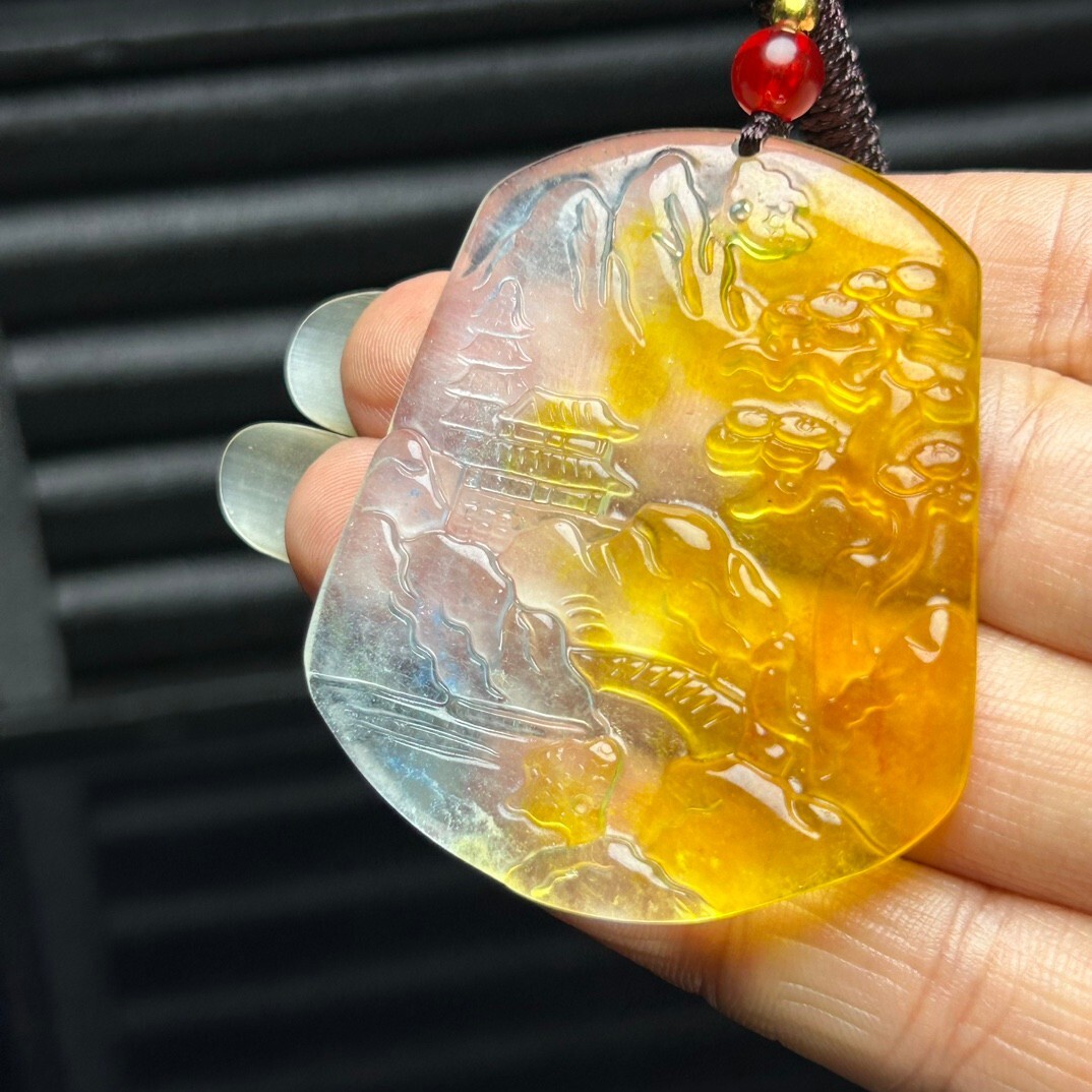Nature ice White&yellow Jade Jadeite Carved Landscape Pendant&Necklace