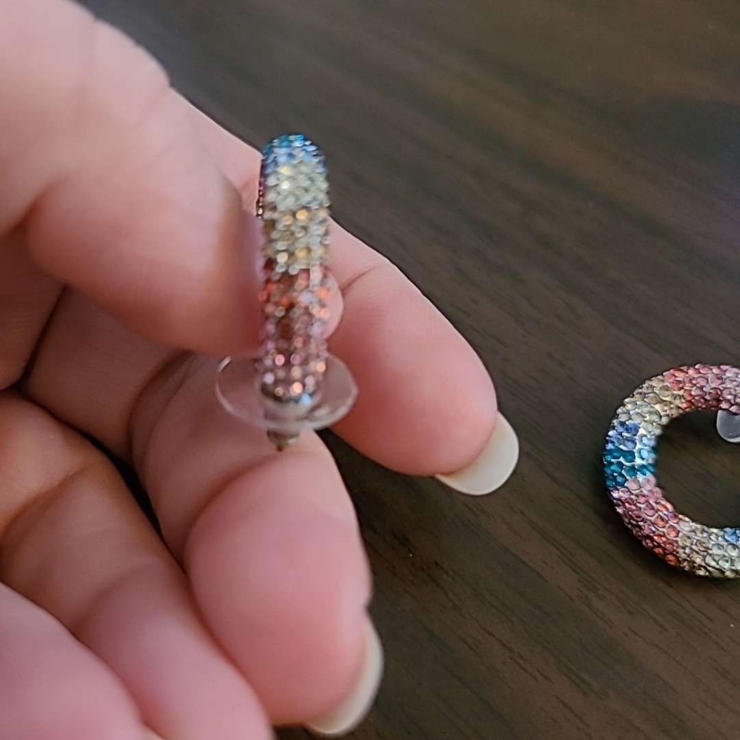 Sterling Silver Rainbow Pave Crystal Hoop Earrings 1″ Pierced Colorful Stones
