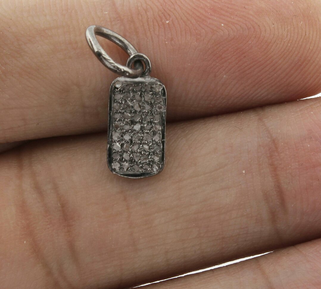 Pave Diamond Rectangle Charm Pendant 925 Sterling Silver Minimal Jewelry Finding