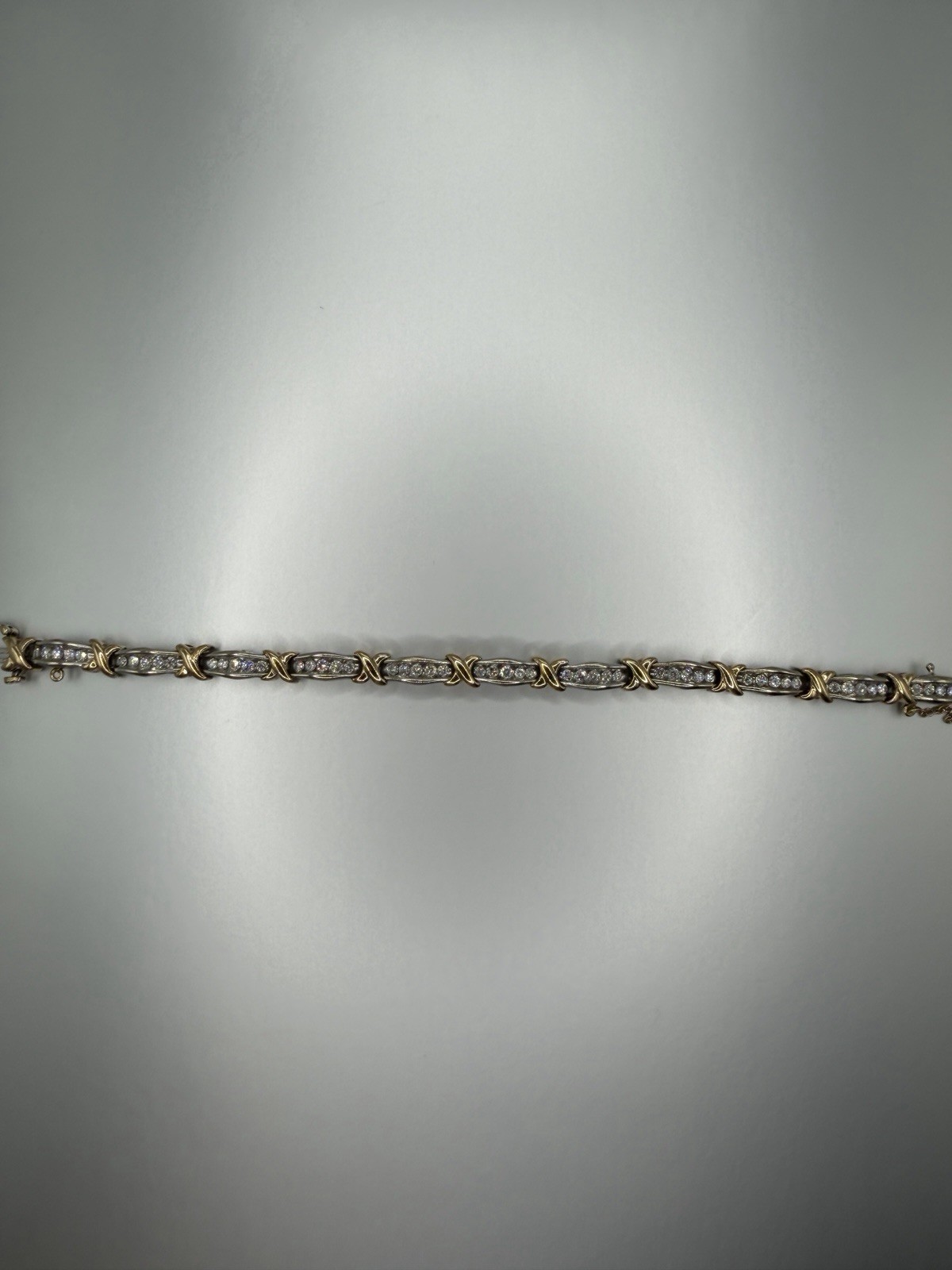 10K White Gold Two-Tone Bar Link Chain Bracelet Box Clasp with Diamonds