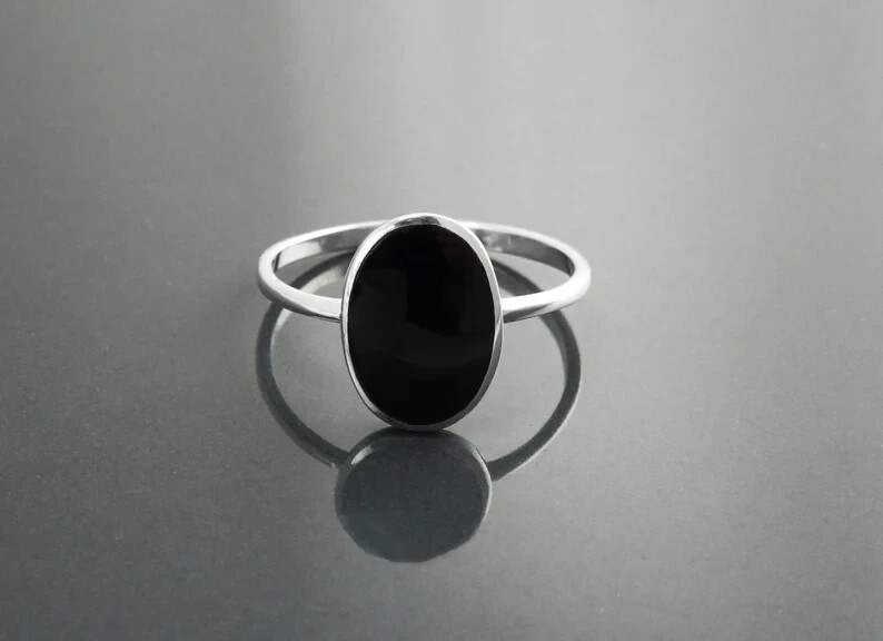 Black Oval Onyx Ring Sterling Silver Ring Flat Oval Stone Everyday Ring tiny
