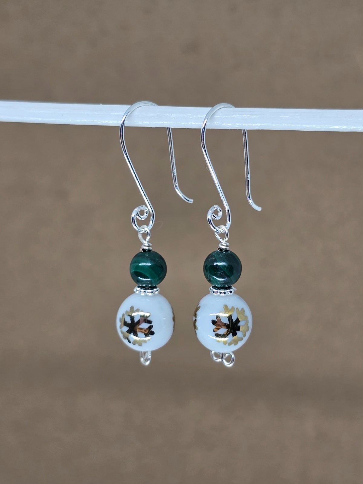 925 Sterling Silver Malachite and White Austria Crystal Drop Dangle Earrings