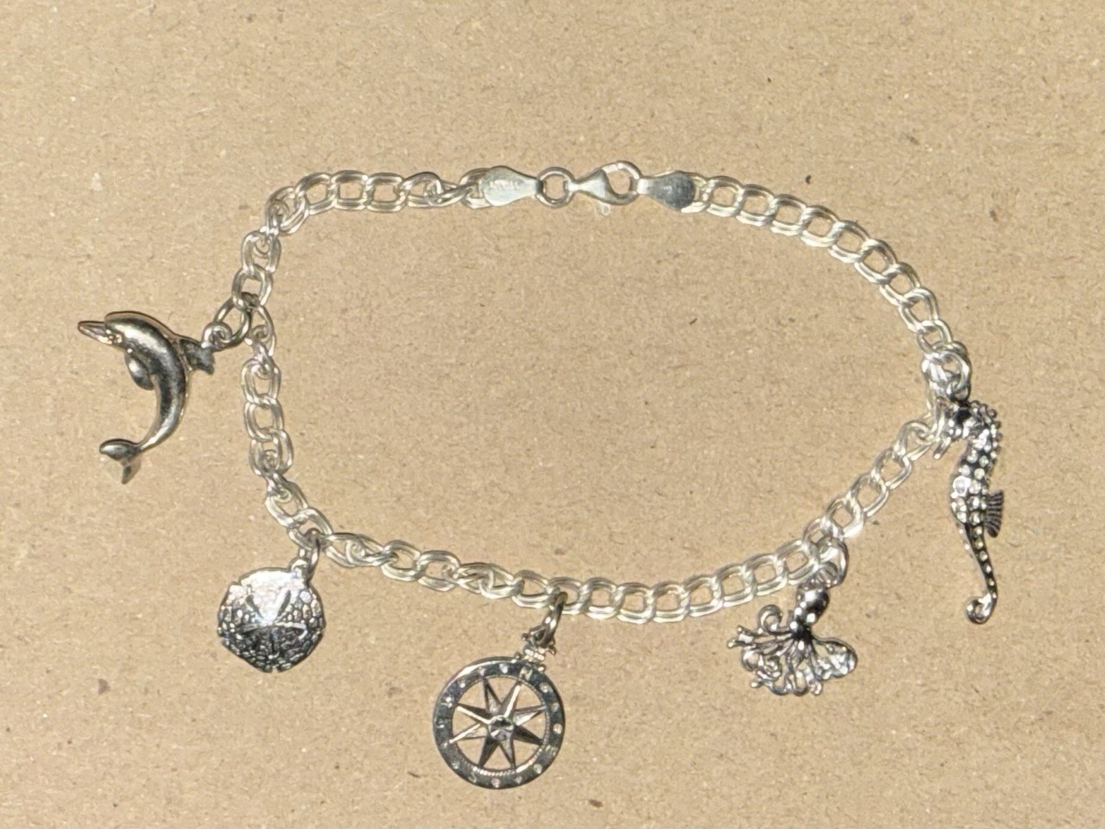 OOAK Sterling Silver Charm Bracelet Ocean Beach Dolphin Seahorse Octopus