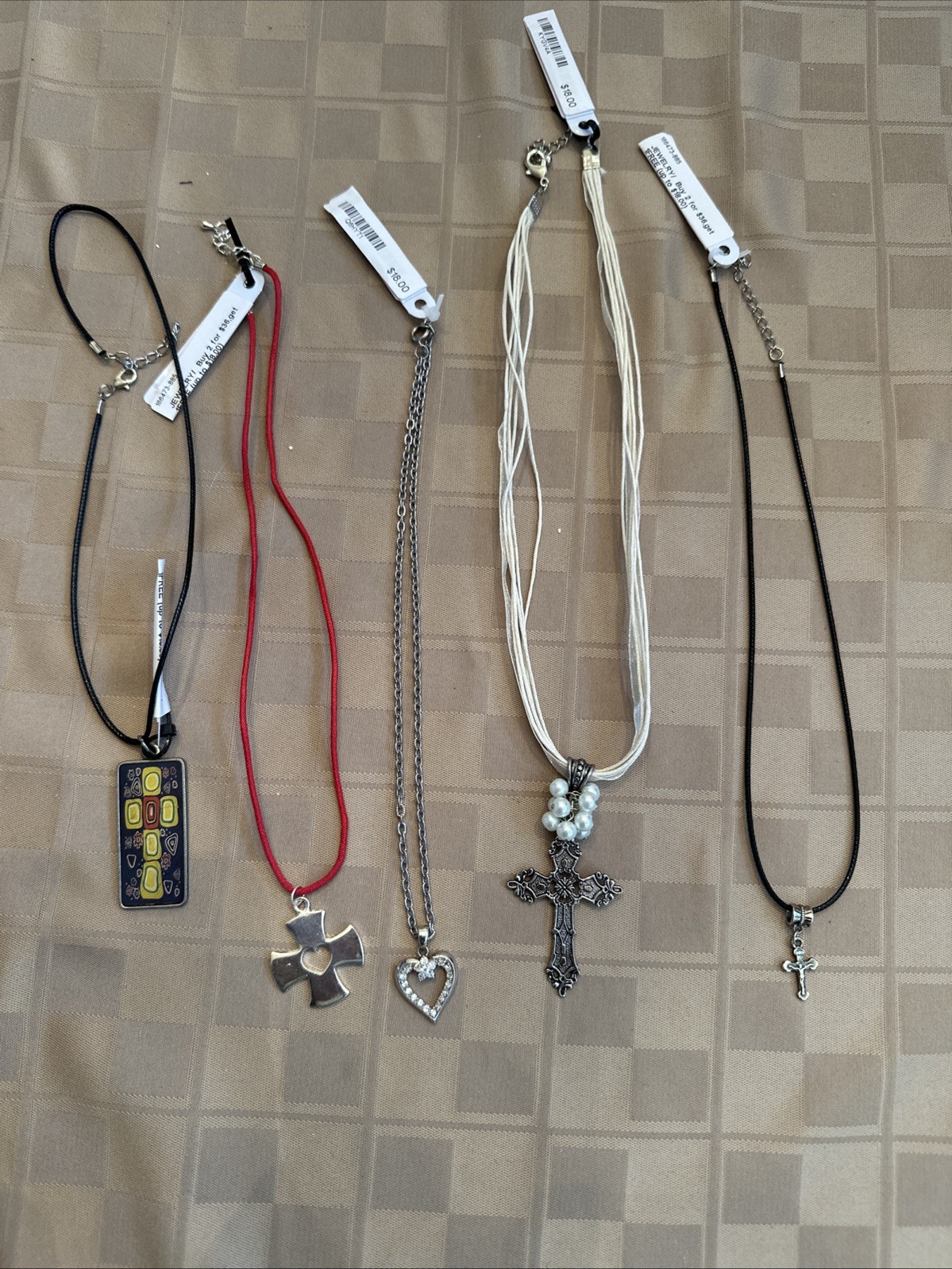 Lot of 5 New Cross Heart Pendant Necklaces Costume Jewelry Cord Chain Mix
