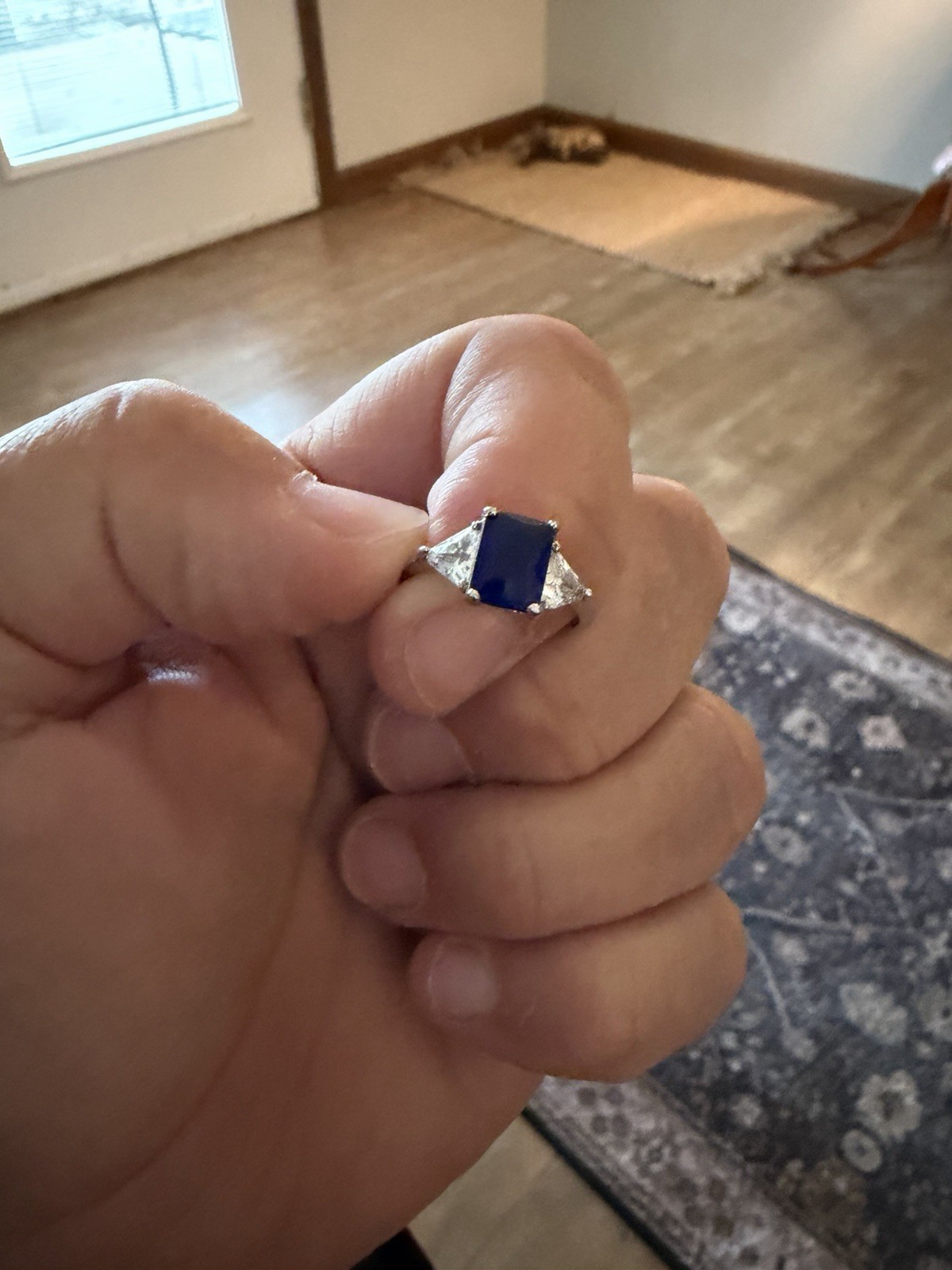 Emerald Cut Lab created Sapphire Ring: Vintage Sterling Silver Three Stone