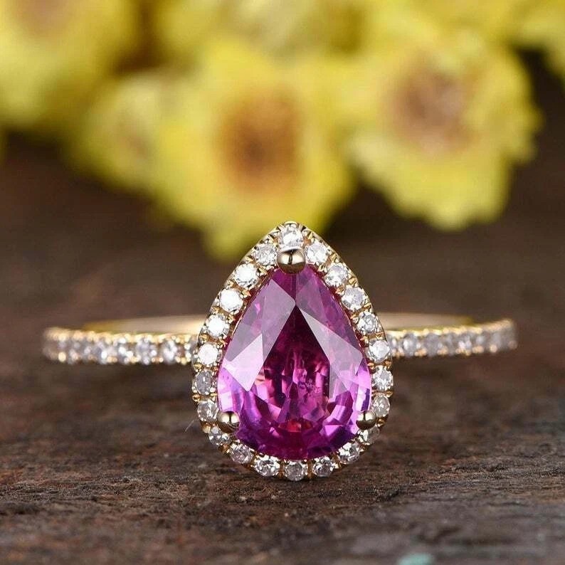 2.85 Ct Pear Cut Pink Sapphire Diamond Engagement Ring 14K solid Yellow gold
