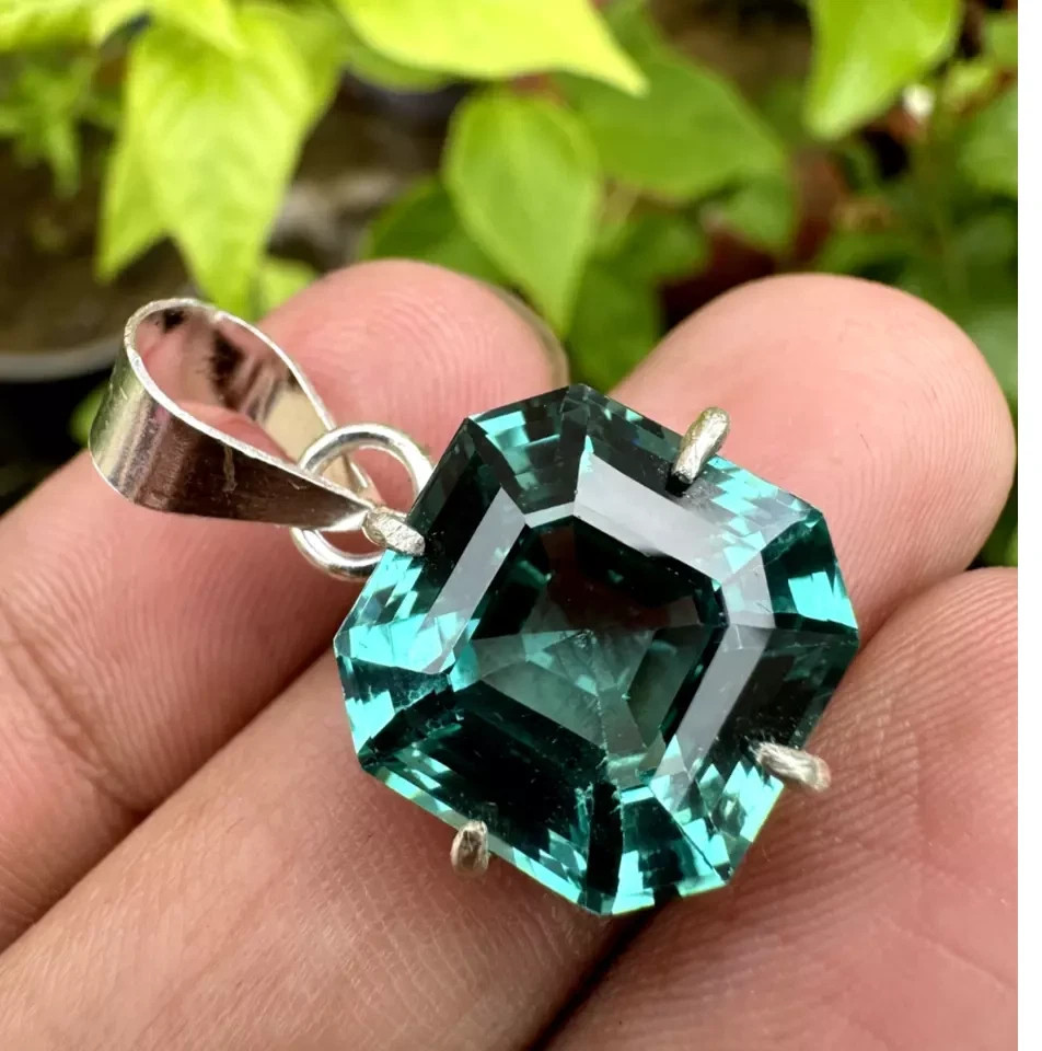 Natural Green Sapphire Asscher Cut Pendant 23 Ct 925 Sterling Silver Jewelry