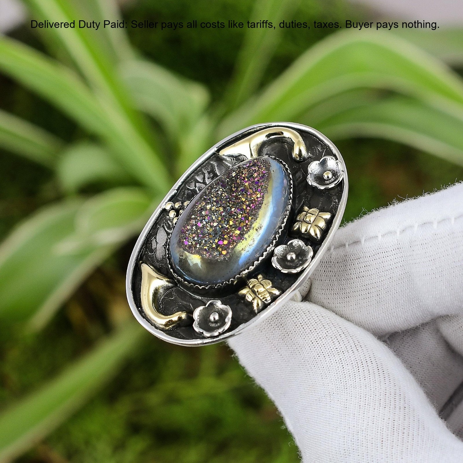 925 Sterling Silver Oval Natural Window Titanium Druzy New Statement Unique Ring
