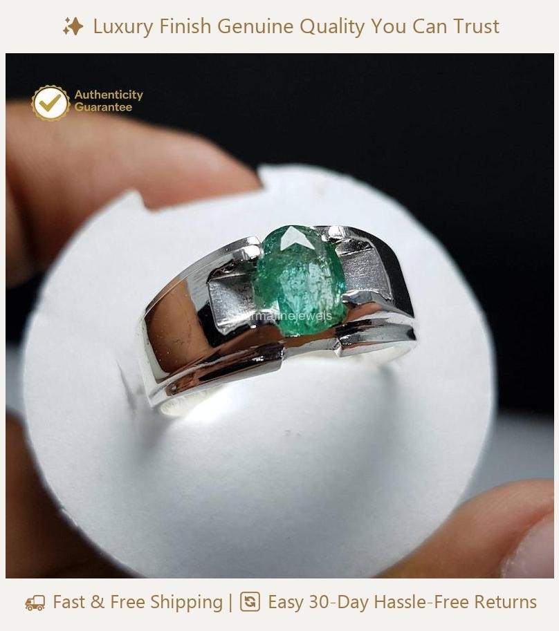 2.00Ct Oval Cut Natural Emerald Men’s Wedding Ring 14k White Gold