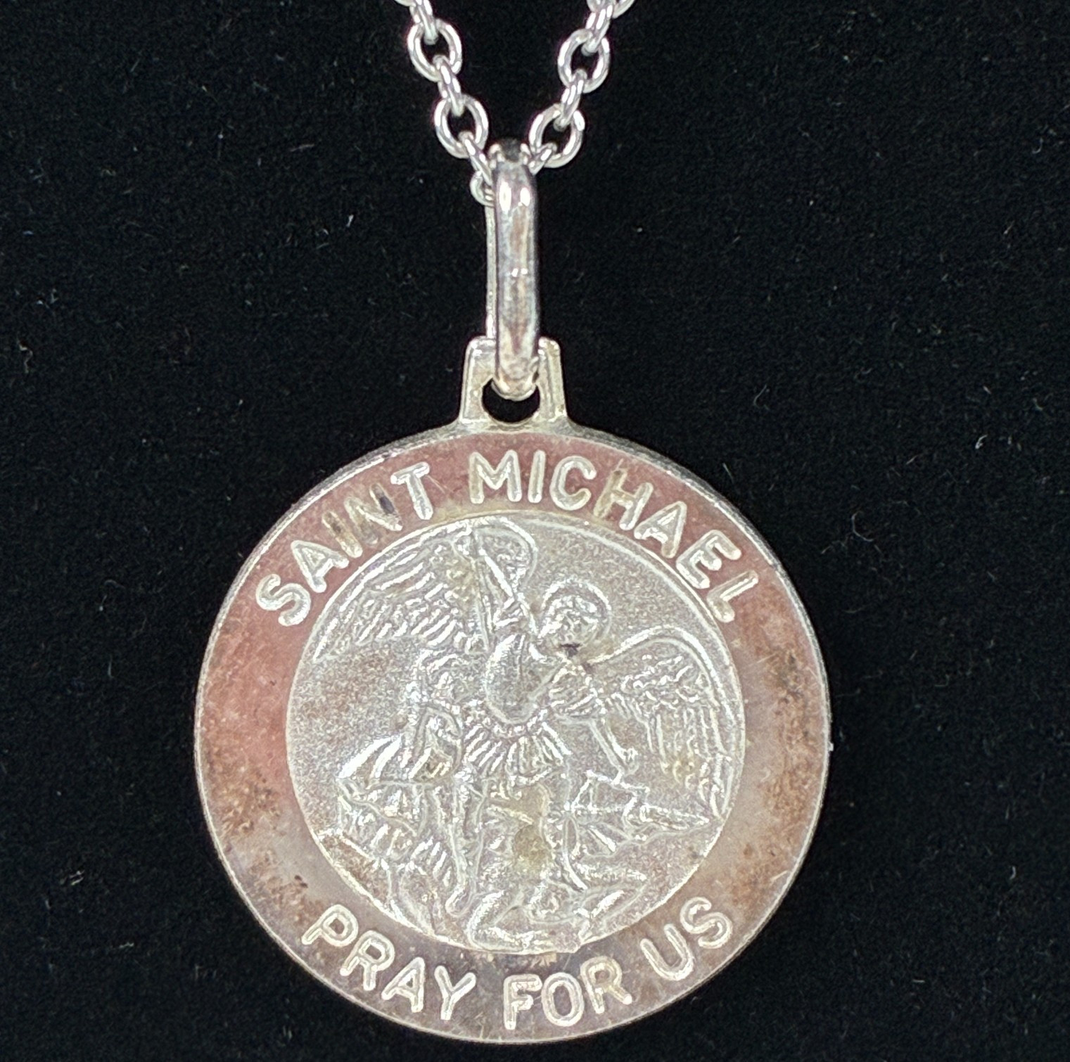 Saint Michael Pray for Us Religious Necklace 925 Sterling Silver 24″ 316L Chain